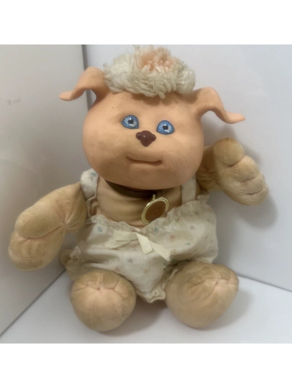 Vtg 1983 Cabbage Patch Koosas Dog Plush A-3 Tan Romper Xavier Roberts Medallion
